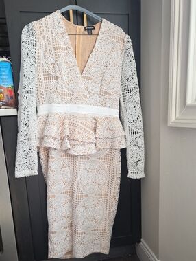 Forever Unique White Lace Peplum Dress with Nude Lining